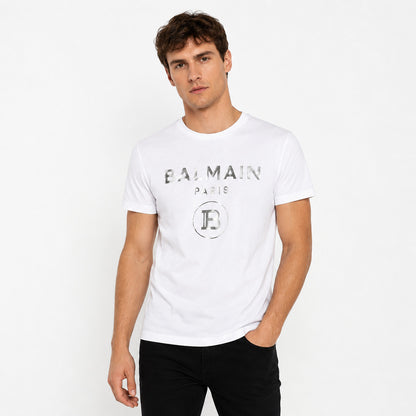 BALMAIN - t-shirt stampa logo silver